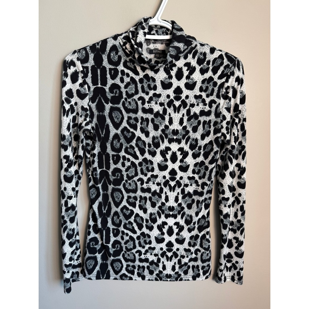 Buffalo David Bitton Leopard Print Turtleneck Long Sleeve Top Small Chic Preppy